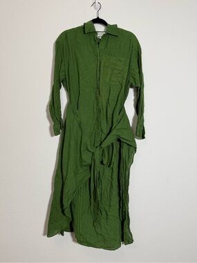 A Piece Apart Green Linen Shirt Dress Midi Tie Waist Button Front Cottagecore